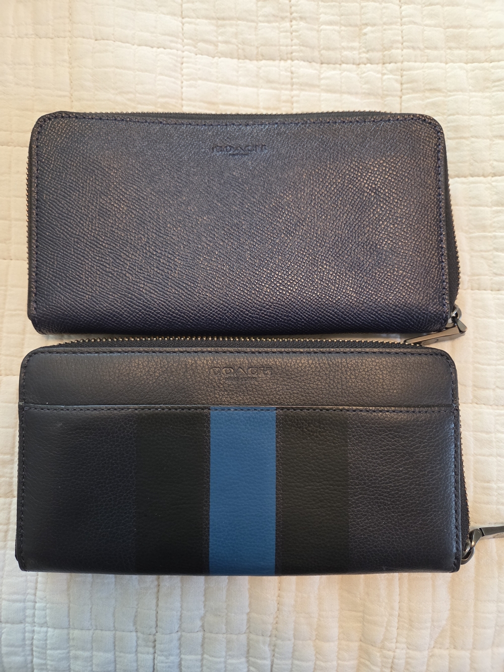2 COACH Pebble Leather Accordian Zip Wallets - Navy Blue - New Without Tags